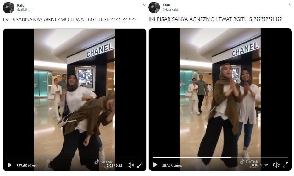 Agnez Mo santai lewat belakang orang bikin video TikTok. (Twitter/ kitakalu)