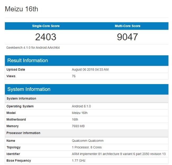 Skor Benchmark Meizu. (Geekbench)