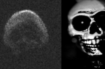 Perbandingan Asteroid berbentuk tengkorak dengan gambar tengkorak. (Ars Technic)