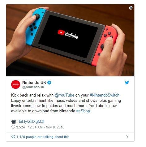 Pengemuman Nintendo Switch mednukung aplikasi YouTube. (Twitter/ NintendoUK)