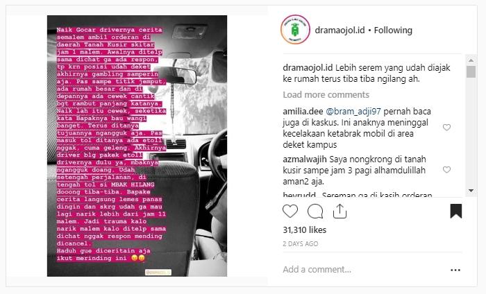 Driver taksi online alami kejadian mistis. (instagram/dramaojol.id)