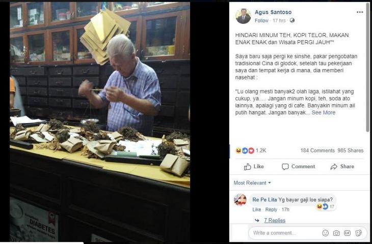 Nasihat Sinshe yang bikin netizen sadar. (Facebook/Agus Santoso)