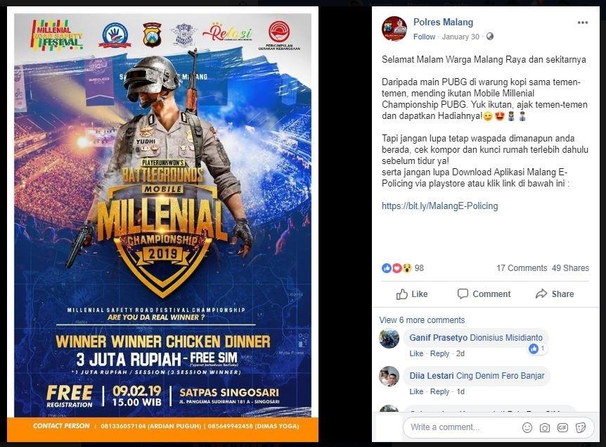 Lomba PUBG Mobile dari Polres Malang dengan hadiah SIM Gratis. (Facebook/Polres Malang)