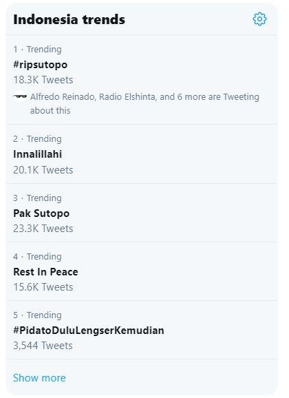 Sutopo Purwo Nugroho meninggal dunia mendominasi trending di Twitter Indonesia. (Twitter)