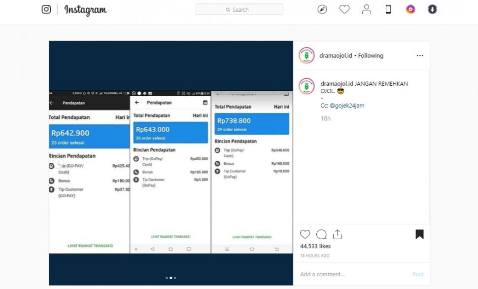 Driver ojol dengan penghasilan fantastis. (instagram/dramaojol.id)