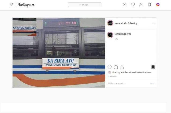 Kereta api Bima Ayu. (instagram/awreceh.id)