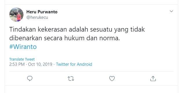 Ilustrasi cuitan dari netizen dalam kata Wiranto di Twitter. (Twitter/ herukecu)
