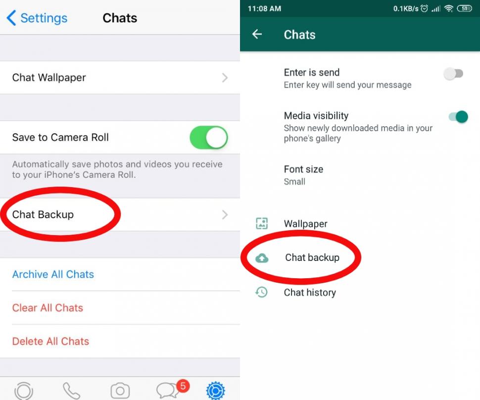 WhatsApp di iPhone (kiri), WhatsApp di Android (kanan) (HiTekno,com)