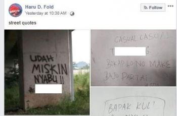 Suara jalanan yang dituliskan di tembok menyindir keadaan sekarang sehingga membuat netizen heboh. (Facebook/ Haru D. Fold)