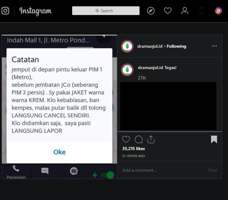 Customer tulis pesan menohok untuk driver ojol. (instagram/dramaojol.id)
