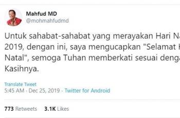 Menko Polhukam Mahfud MD mengucapkan Selamat Hari Natal. (Twitter/ mohmahfudmd)