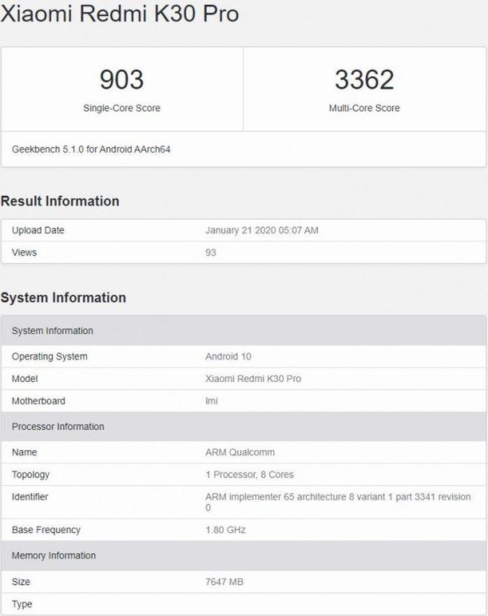 Redmi K30 Pro muncul di Geekbench. (Geekbench)