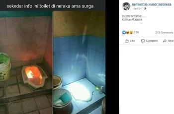 Meme yang membandingkan WC surga dan neraka ini membuat netizen geli. (Facebook/ Kementrian Humor Indonesia)