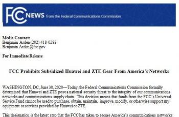 Peringatan resmi FCC atas Huawei dan ZTE yang dianggap mengancam keamanan nasional. (FCC)