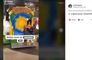 Aksi emak-emak naik mainan anak bikin netizen geli. (TikTok/ @yolloyaaaah)