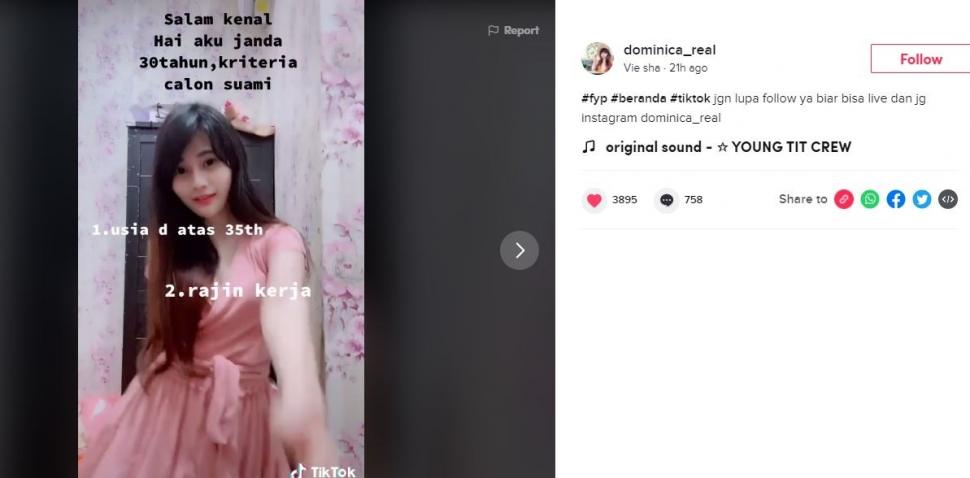 Wanita cantik yang ngaku janda dan nyari pasangan ini bikin netizen salfok. (TikTok/ @dominica_real)