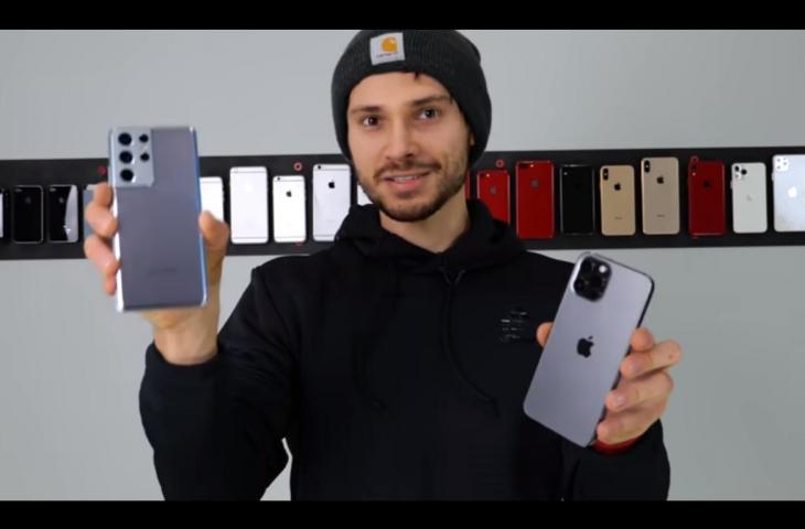 Drop test iPhone 12 Pro Max dan Samsung Galaxy S21 Ultra . (YouTube/EverythingApplePro EAP)