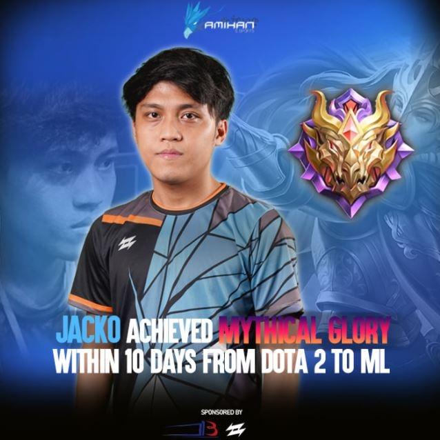 Jacko meraih Mythical Glory dalam waktu 10 hari di Mobile Legends. (Facebook/ Amihan Esports)