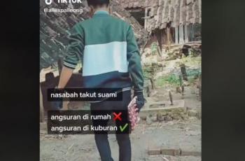 Pria yang menagih hutang di kuburan ini bikin salfok. (TikTok/ @allexpalleong)