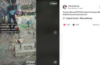 Pria yang menagih hutang di kuburan ini bikin salfok. (TikTok/ @allexpalleong)