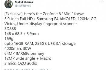 Prediksi spesifikasi Asus Zenfone 8 Mini. (Twitter/ stufflistings)