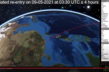 Estimasi fase re-entry roket Long March 5B. Gambar hanya ilustrasi dan bukan titik jatuh sebenarnya. (YouTube/ AllCentralFlorida)