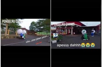 Maskot Oppo dan maskot Vivo naik motor berdua. (TikTok/ coysponselciamis)