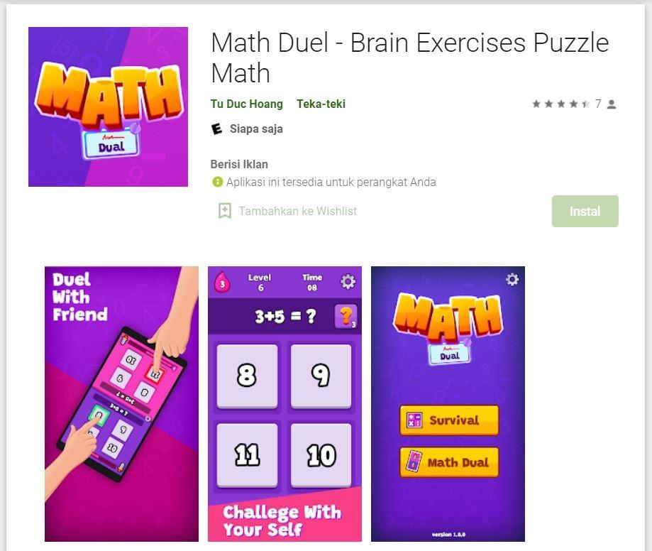 Game asah otak - Math Duel. (Google Play Store)
