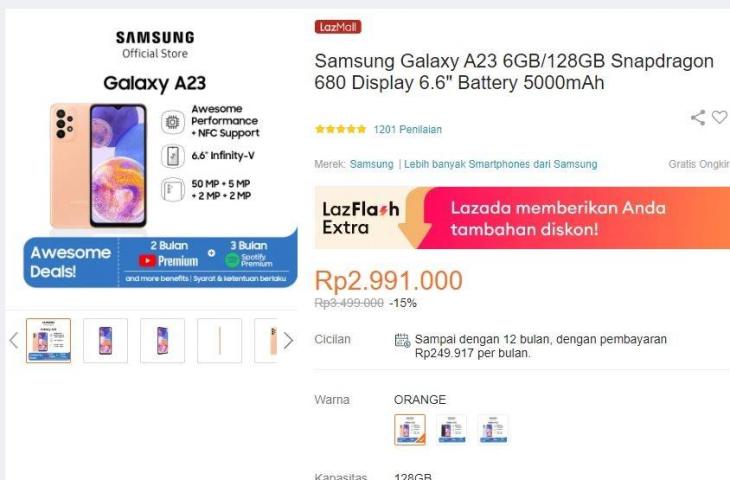 Update harga Samsung Galaxy A23 periode Mei 2023. (Lazada)