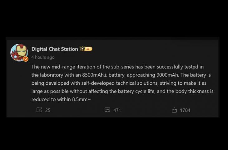 Bocoran pengujian baterai 8500 mAh. [Weibo]