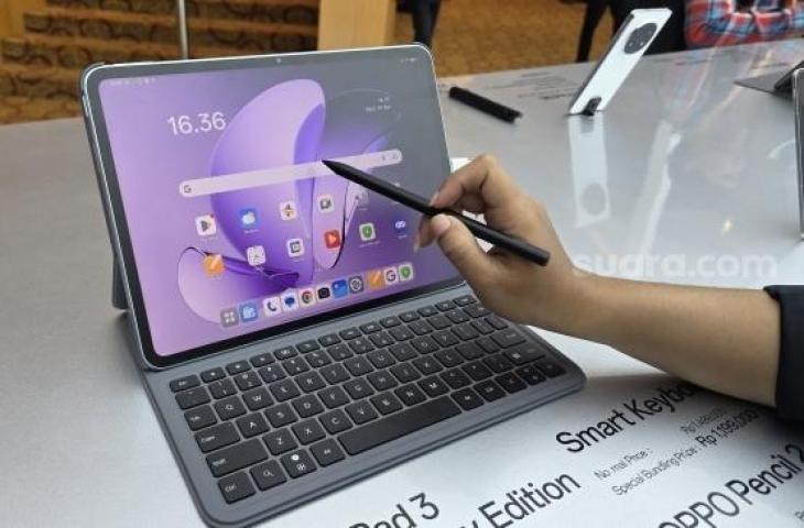 Oppo Pad 3 Matte Display Edition, tablet premium layar ala kertas yang resmi diluncurkan ke Indonesia pada Rabu (30/4/2025). [Suara.com/Dicky Prastya]