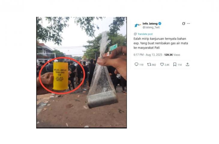 Gas air mata yang digunakan dalam demo di Pati diduga kedaluwarsa. [X/@Jateng_Twit]