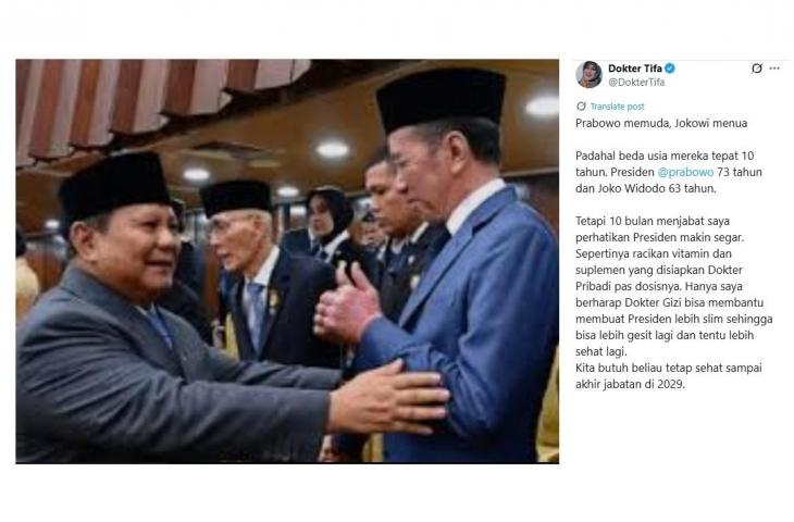 Cuitan dokter Tifa soal wajah Prabowo dan Jokowi. [X/@DokterTifa]