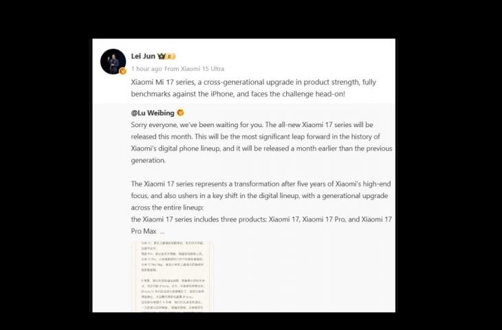 Unggahan CEO Xiaomi, Lei Jun. [Weibo]
