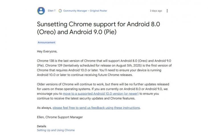 Penghentian dukungan Google Chrome. [Xiaomitime]