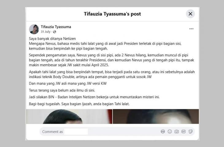Unggahan dokter Tifa soal tahi lalat di wajah Jokowi. [Facebook/Tifauzia Tyassuma]